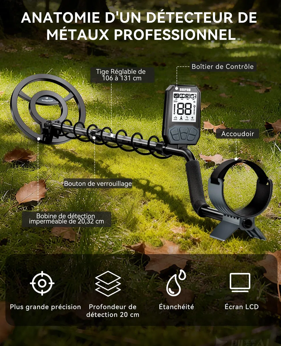 SUNPOW Détecteur de Métaux Rechargeable, 20 h Batterie Longue Durée – 4 Modes de Détection d’Or – Bobine de Recherche Étanche IP68 de 8 Pouces avec Rétroéclairage LCD, Adapté aux Adultes et Enfants
