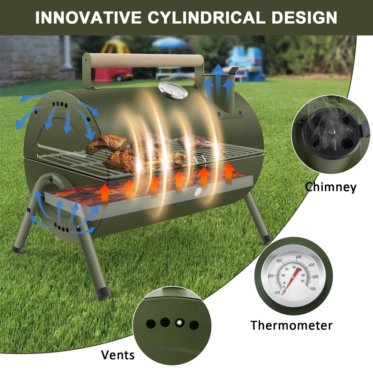 Barbecue Portable 2 en 1 avec Thermomètre BBQ à Charbon, Vert | Grill de Table, Pour Jardin Balcon Voyage Camping