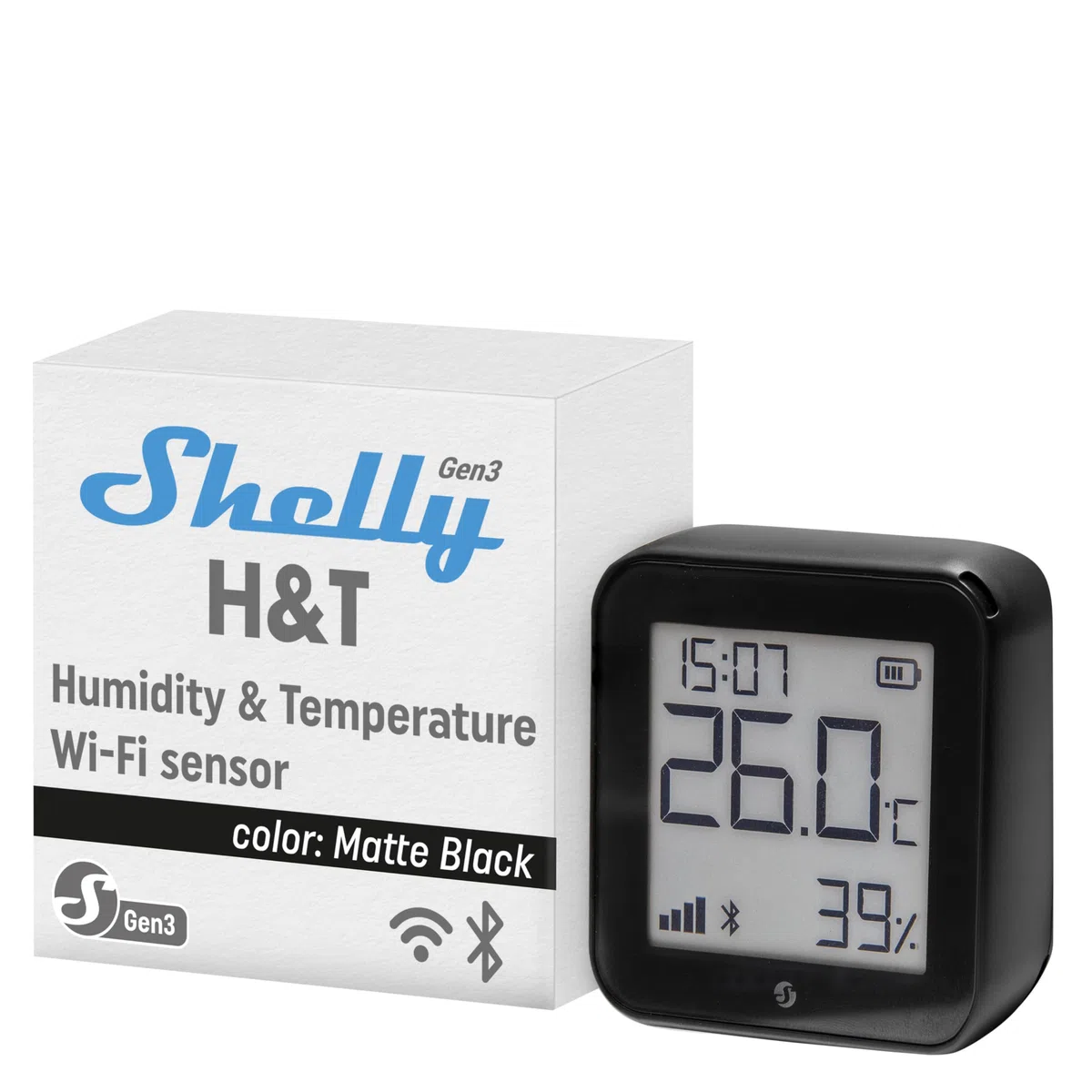 Shelly H&T Gen3 Noir Capteur de température et d'humidité connecté Wi-Fi Thermomètre Hygromètre intérieur extérieur Écran eink Horloge digitale