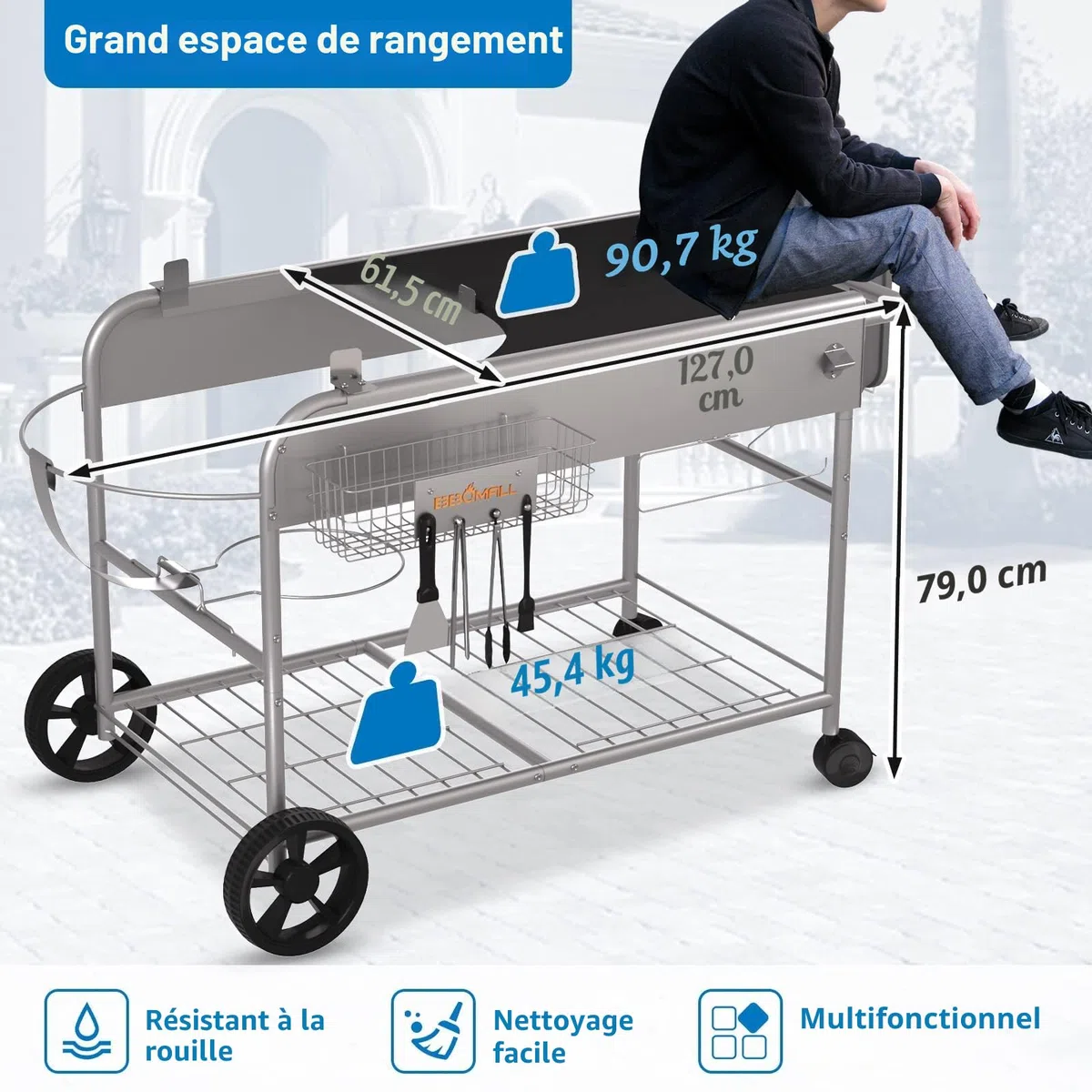 GFTIME Table de barbecue en acier inoxydable pour Weber Original Kettle, Premium, Master Touch, Jumbo Joe, barbecue au charbon de bois Performer avec support de couvercle