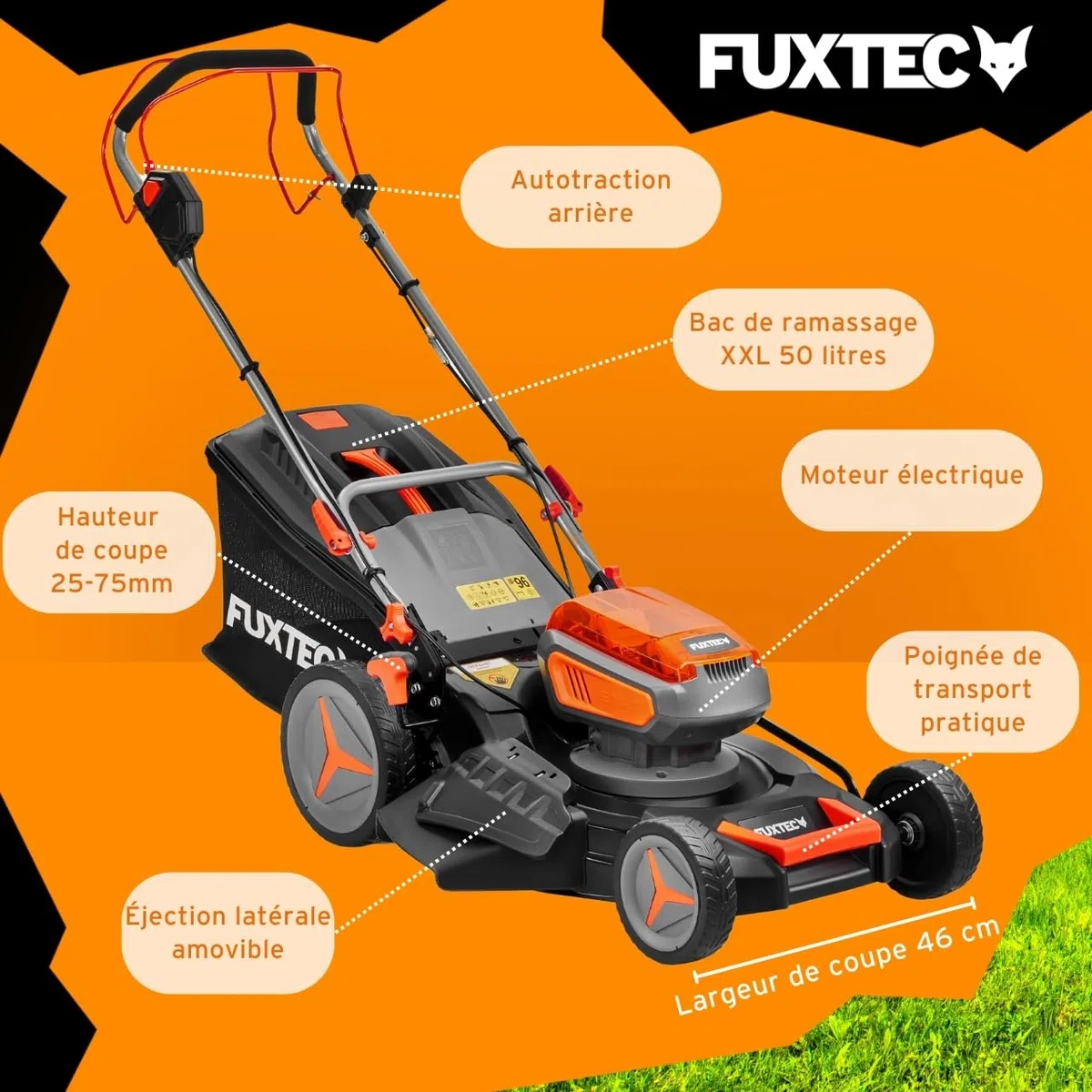 FUXTEC Tondeuse à Gazon sans Fil 40V FX-E2RM46 • Autotractée avec 2 Batteries 4Ah et Double Chargeur • Coupe 46 cm • Mulching et Éjection Latérale • Bac 50L • Hauteur de Coupe 25–75 mm