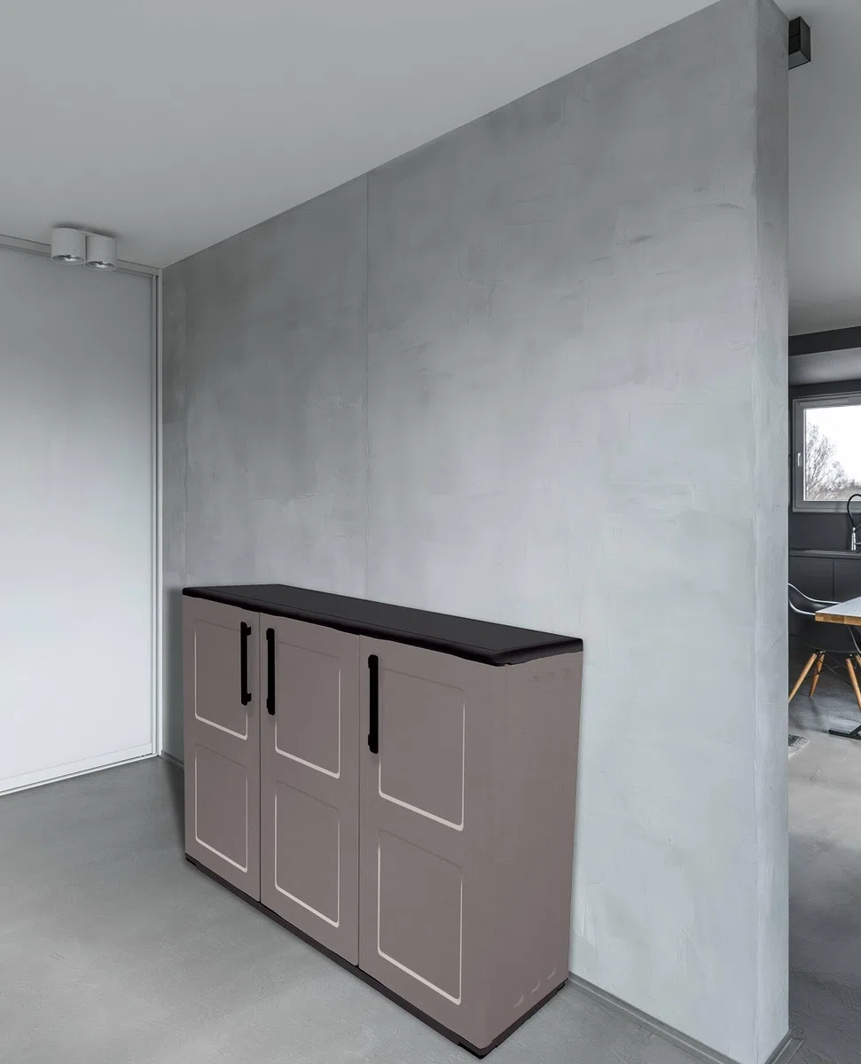 Dmora - Armoire d'extérieur Gesves, Armoire de balcon polyvalente, Armoire d'extérieur 3 portes, 100% Made in Italy, 102x37h84 cm, Gris et Noir, Finition à carreaux