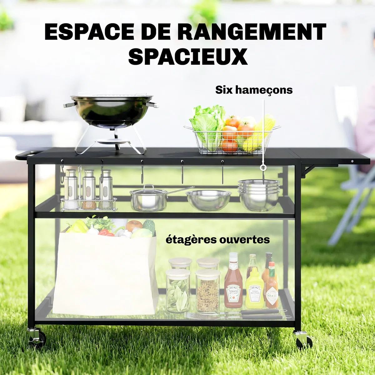 Outsunny Desserte Jardin Chariot de Barbecue sur roulettes îlot de Cuisine avec Plateau Latéral Pliable, Trois Étagères, Crochets et Poinége, 133 x 48,5 x 82 cm, Noir