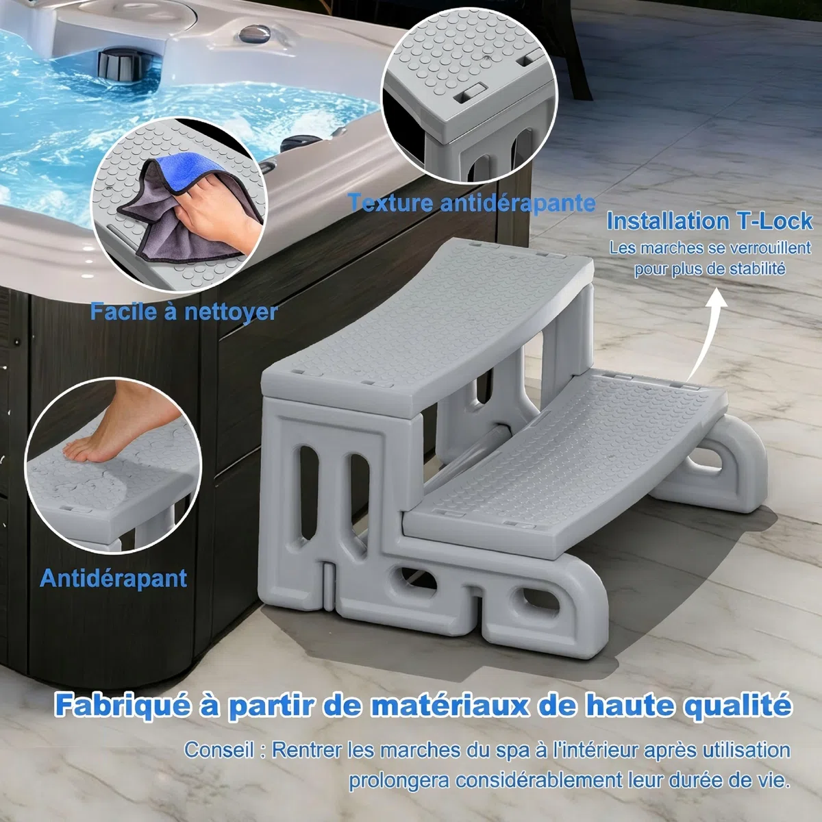 Whirlpool Escalier à 2 marches antidérapant Portable Universel en Plastique pour l'extérieur