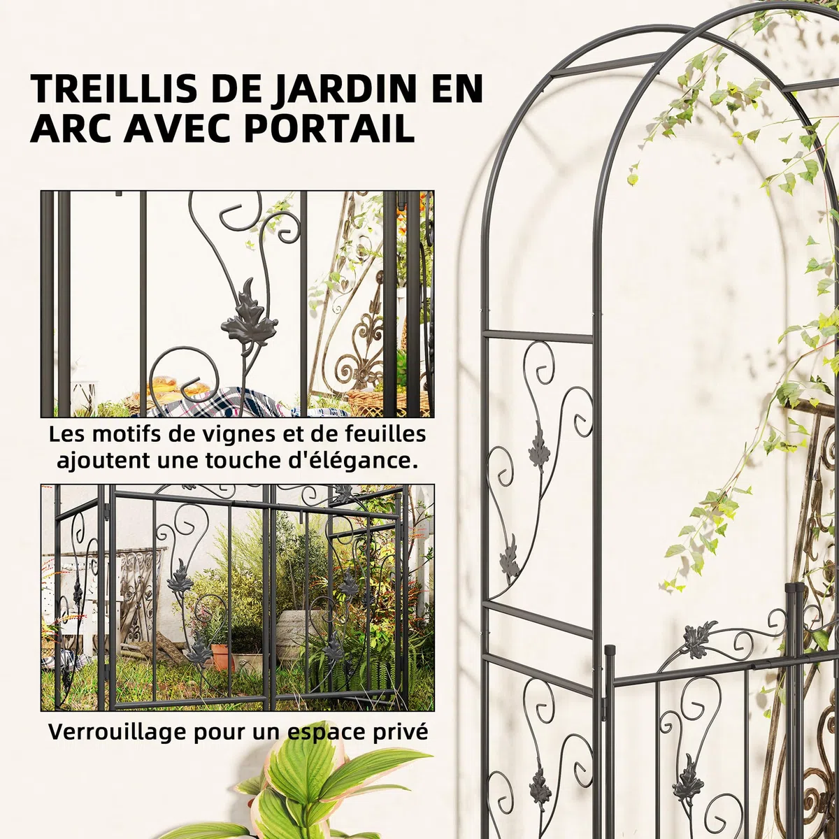 Outsunny Arche de Jardin en Acier, Arceau à rosiers avec Double Porte, pour Plantes grimpantes, rosiers, vignes de glycine, pour décoration de cérémonie, 107 x 45 x 217 cm, Noir