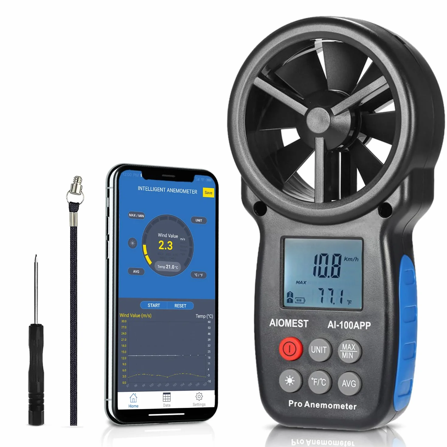 Anémomètre Enregistreur Bluetooth Compteur de Vent Vitesse, AIOMEST Anemometre Portable Connecté Mesureur Vitesse du Vent 30m/s et Température, Pour HVAC/CVC,VMC, Drone et Vents Conduits