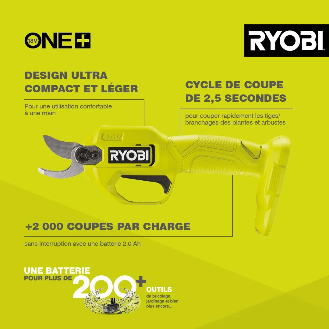 RYOBI - Sécateur Sans Fil 18V ONE+ RY18SCA-0 – Coupe Jusqu’à 25 mm, Lame Acier, Sécurité Active – Taille Facile Branches et Rosiers – Batterie Non Incluse