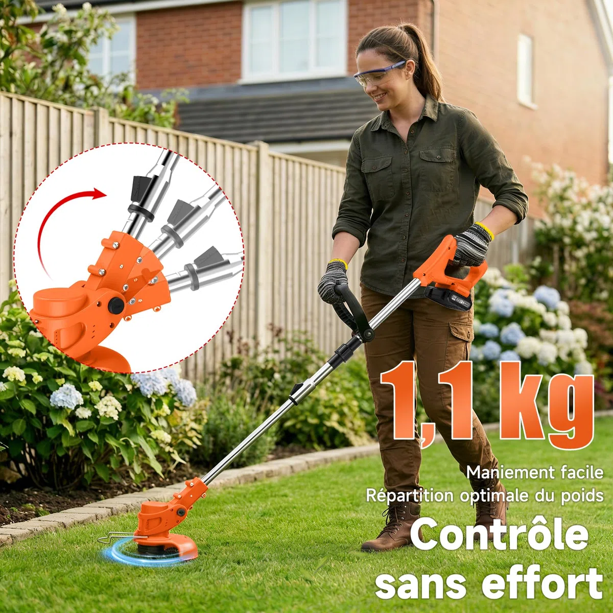 Coupe Bordure sans Fil 60cm 21V 2 Batteries, Débroussailleuse Électrique Pliable, Manche Télescopique 105-130cm, 26 Lames