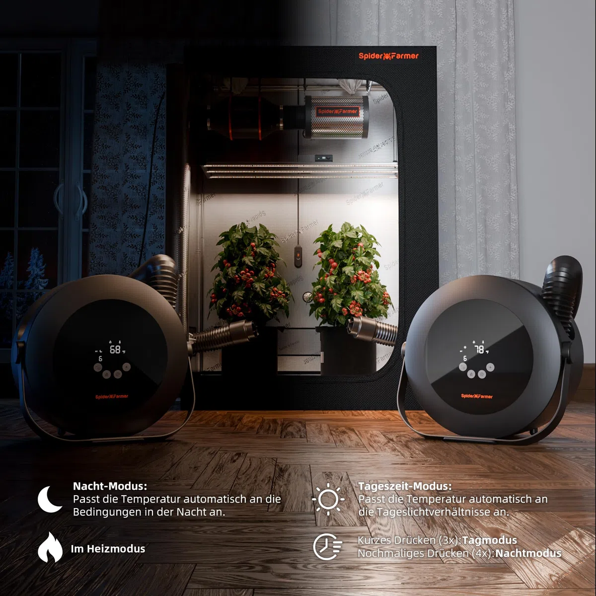 Spider Farmer Chauffage, Chauffage Portable 540w Avec ContrôLe Intelligent De La TempéRature, 4 Modes Et Minuterie 24 Heures, Chauffage Ptc à 10 Niveaux Et Tuyau D'Extension Pour Les Chambres à Couche