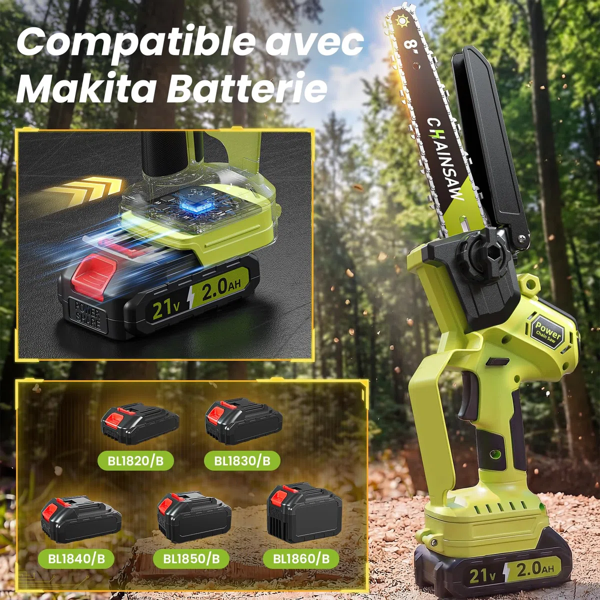 Mini Tronconneuse a Batterie 4000mAh, 8 Pouces 1300W Brushless Tronconneuse Électrique sans Fil avec Graisseur Automatique et Chaîne de Remplacement, Compatible Makita 18V, Idéal Extérieur & Jardinage