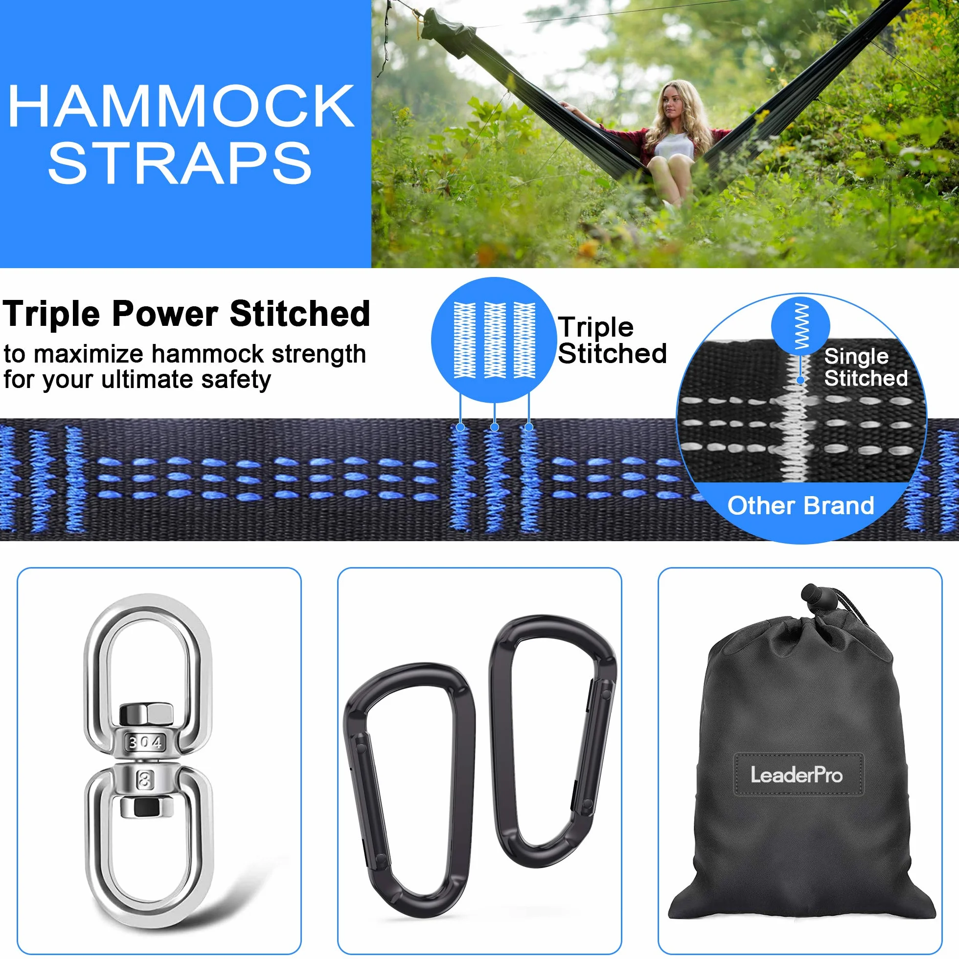 LeaderPro Sangles Hamac 3m 2,5cm 400kg Mousquetons Crochet Pivotant Bleu