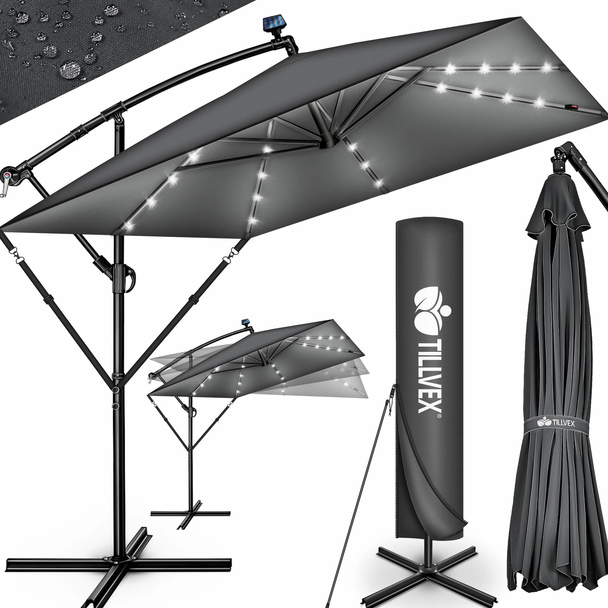 tillvex® Parasol déporté Rectangulaire Ø 330 cm + Housse de Protection & contre le vent | Parasol à manivelle carré avec support | Parasol de jardin Extérieur Anti-UV en aluminium