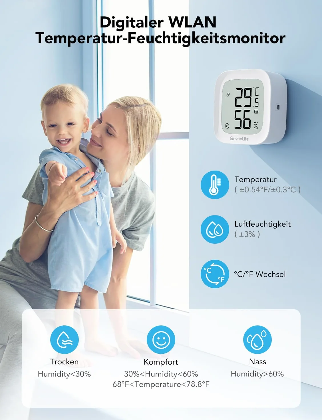 GoveeLife Hygromètre Wi-Fi Thermomètre numérique Température Humidité Intérieur Contrôle à distance Notification Application Stockage Données