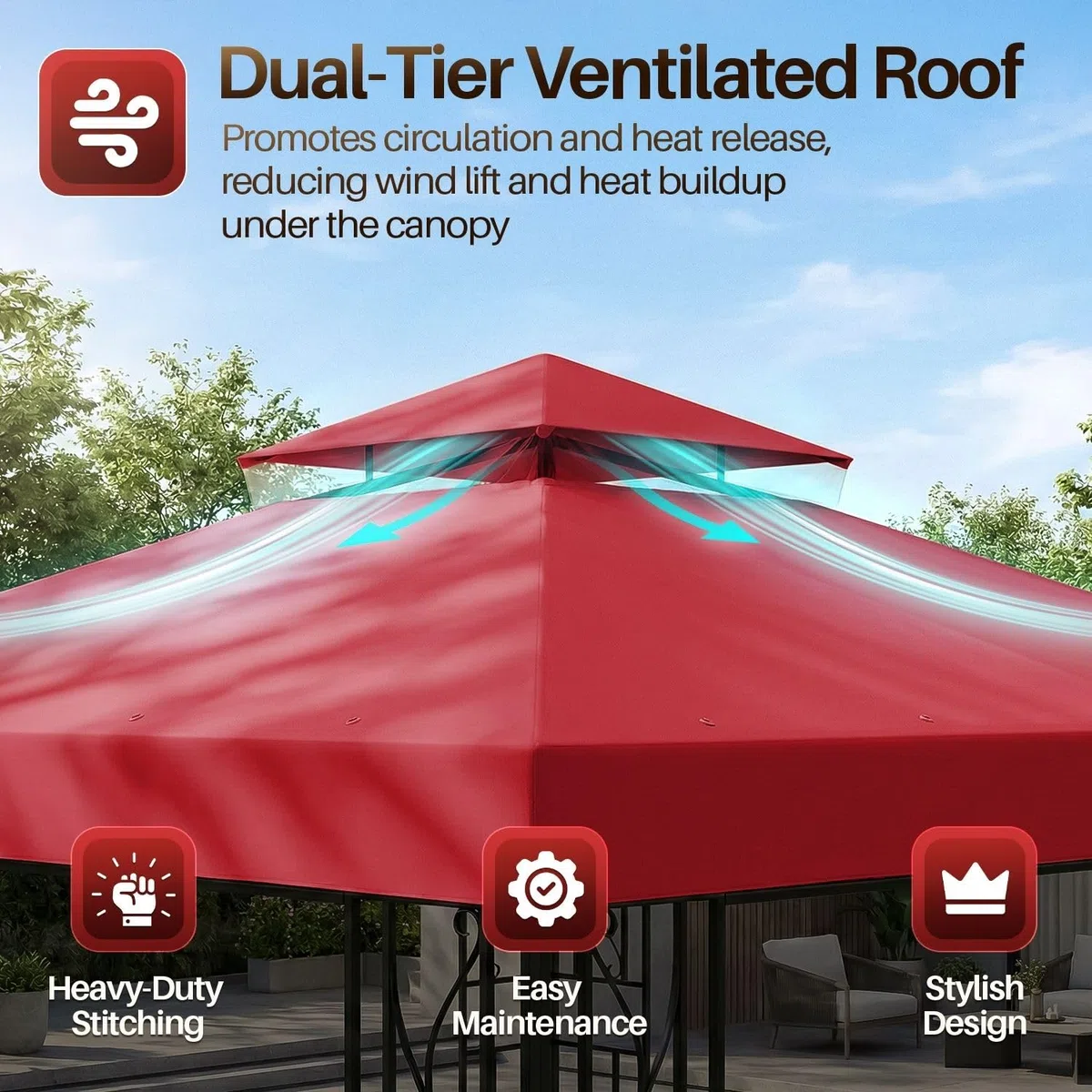Flexzion Toile de Remplacement pour tonnelle 3,6 x 3,6 m - Couverture Double Toit avec Protection UV30+, résistante à la saleté et à l'eau pour extérieur, ombrage, Jardin, Patio, pavillon (Rouge)