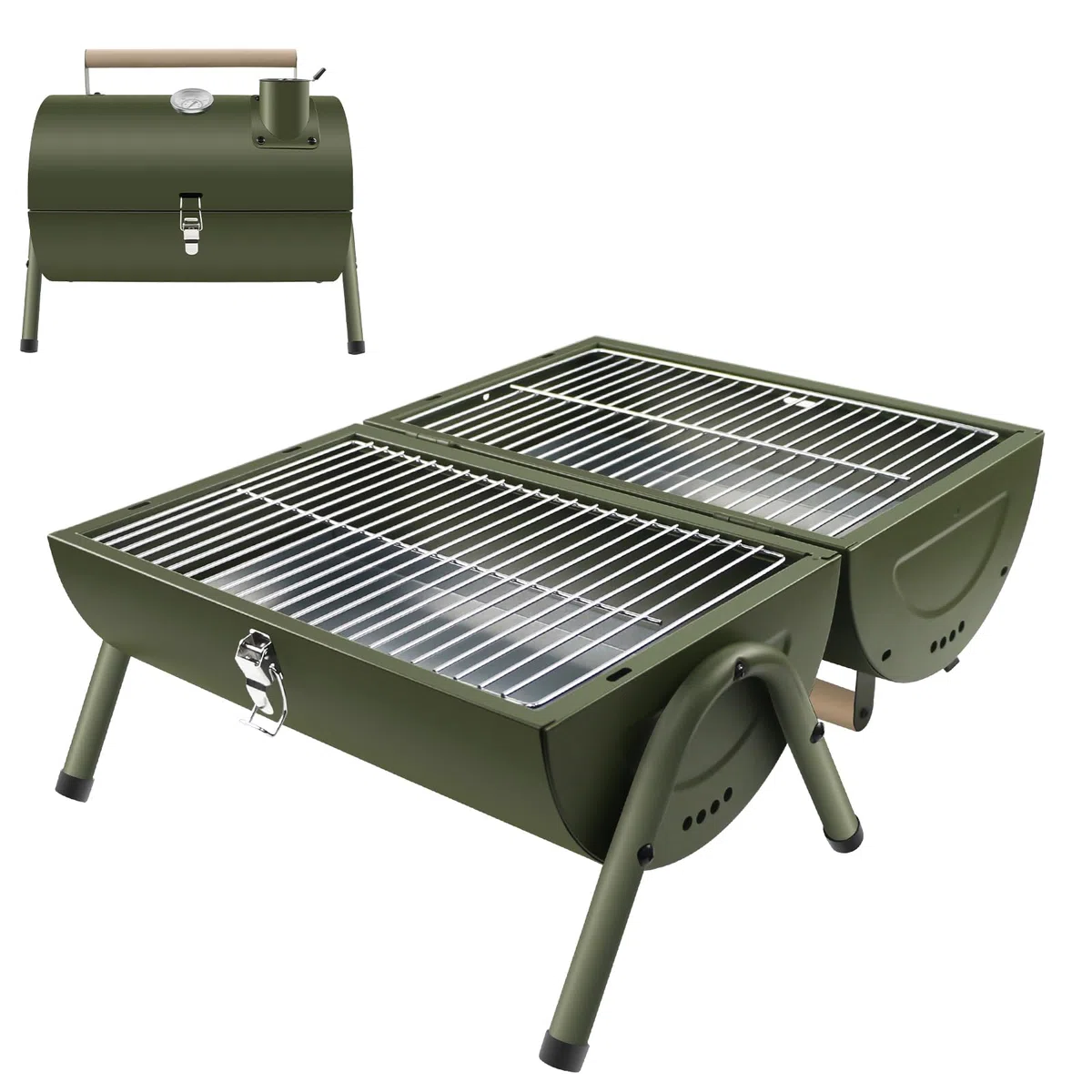 Barbecue Portable 2 en 1 avec Thermomètre BBQ à Charbon, Vert | Grill de Table, Pour Jardin Balcon Voyage Camping