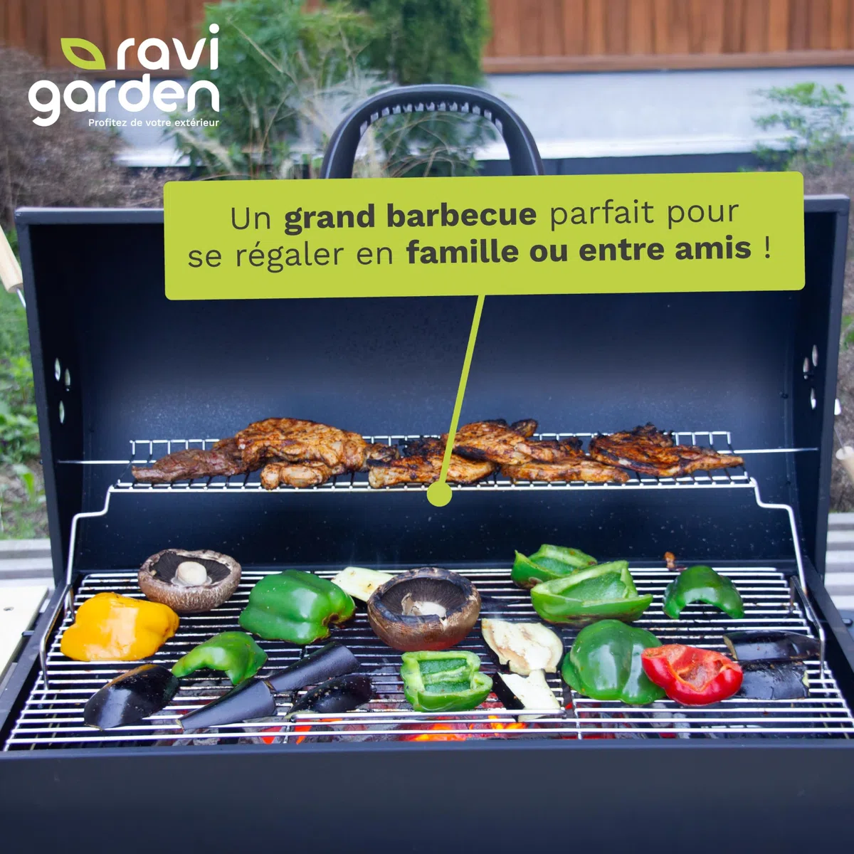 Barbecue Charbon de Bois XXL avec Couvercle, Grille 71x38 cm, 2 Tablettes Rabattables, Récupérateur de Cendres