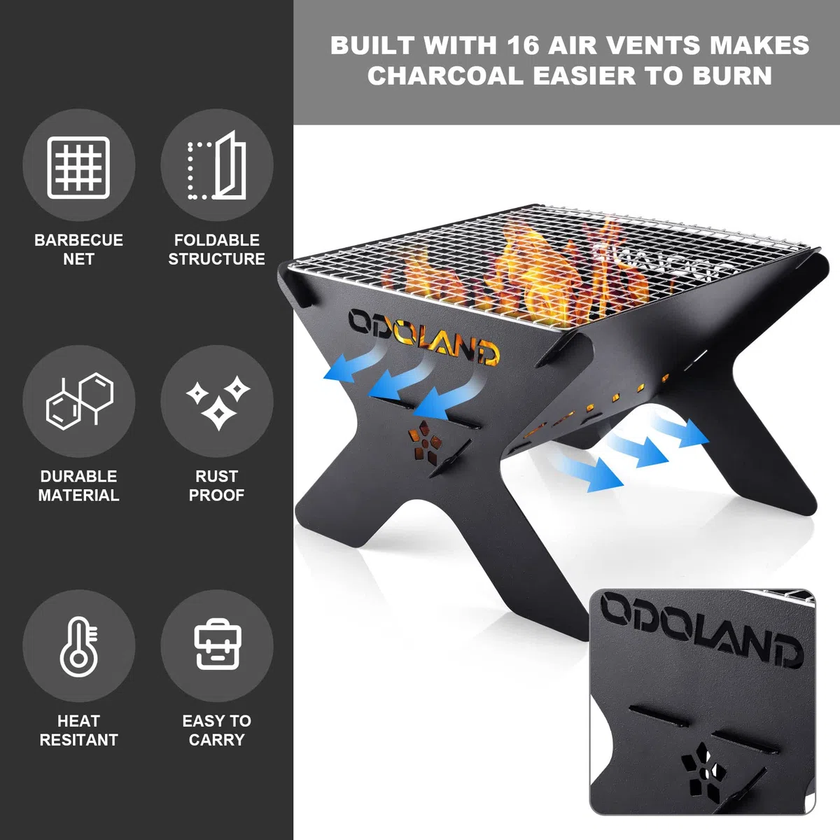 Odoland Camping Fire Pit, Portable Brasero Extérieur pour Camping, Barbecue à Foyer en Bois 2 en 1 avec Grille de Cuisson Amovible pour Barbecue en Plein Air, avec Sac de Transport