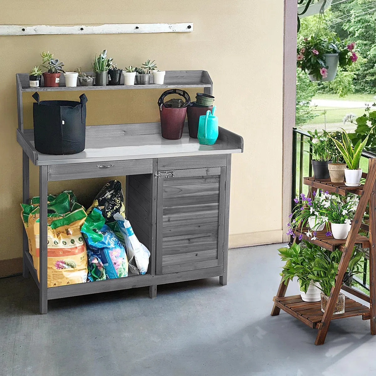 Abician Table de Rempotage Extérieure en Bois avec Tiroir Plan de Travail en Métal Étagère de Rangement Placard Inférieur 3 Crochets Latérales Table de Jardin pour Pots de Fleurs Gris