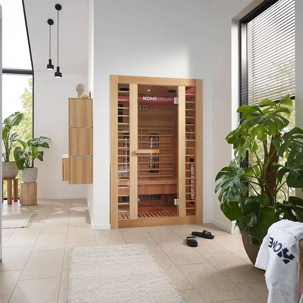 HOME DELUXE - Cabine infrarouge REDSUN M DELUXE - 120 x 105 x 190 cm - pour 2 personnes, 5 émetteurs à spectre complet, bois : sapin de HemlockI Sauna infrarouge, sauna, cabine chauffante, infrarouge