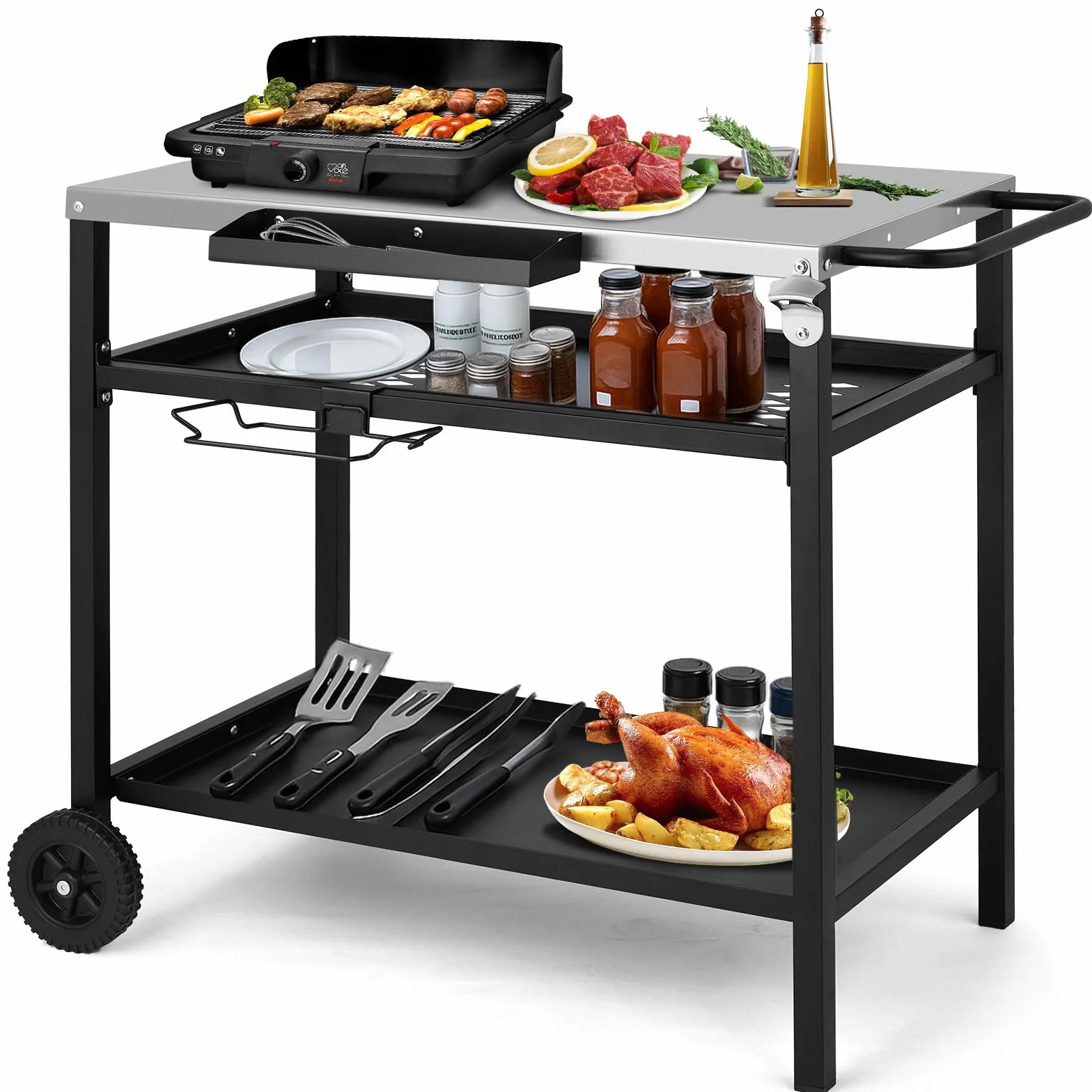 LEADZM Dessertes de Jardin, Chariot de Barbecue Mobile à 3 Niveaux, 97 x 51 x 83 cm, Établi en Acier Inoxydable argenté - desserte Exterieur, Panier avec Filet, Noir