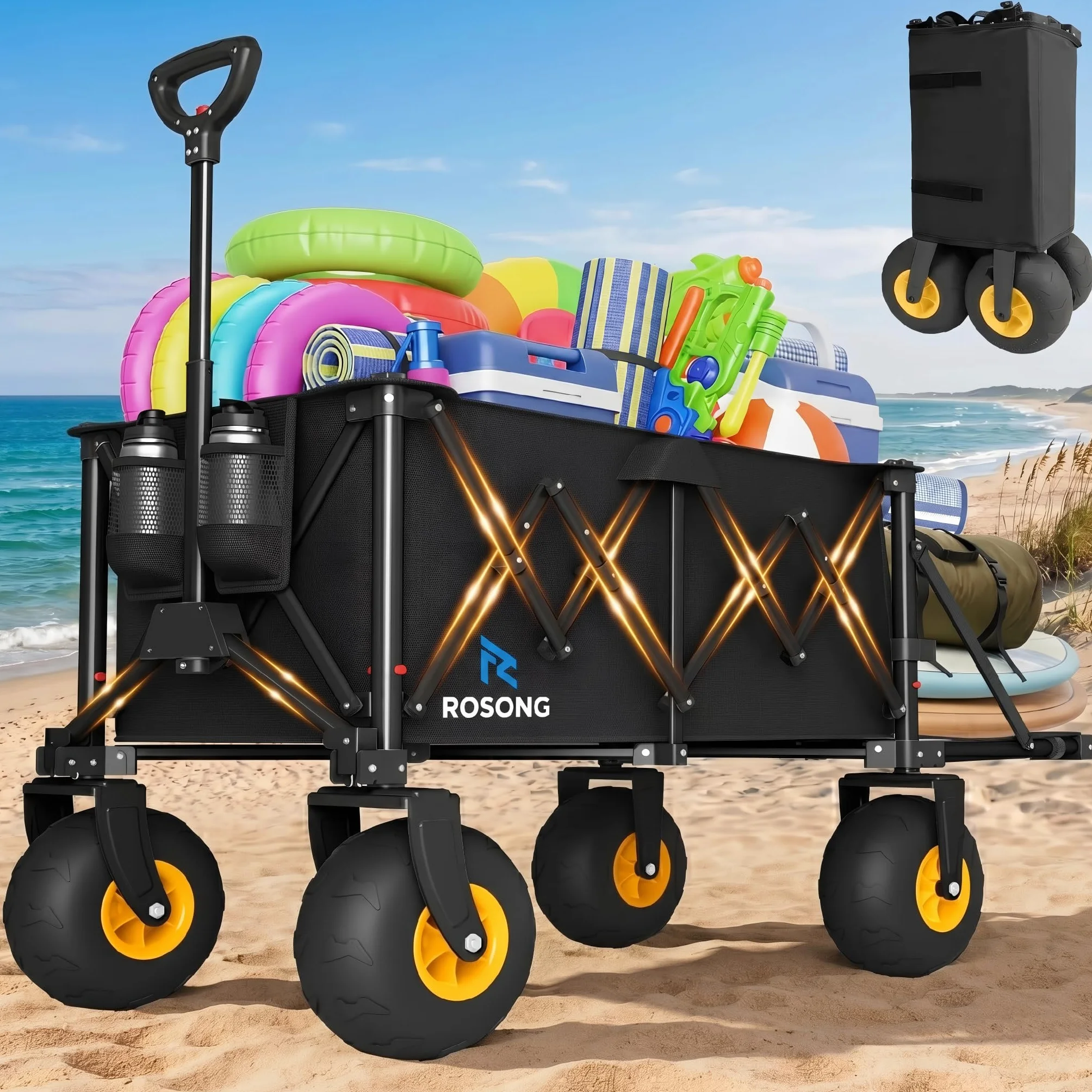 ROSONG Chariot de Plage Pliable avec Grosses Roues Chariot de Transport Tout-Terrain avec Hayon pour Objets Longs Remorque Jardin et Plage Camping Jardin, Noir