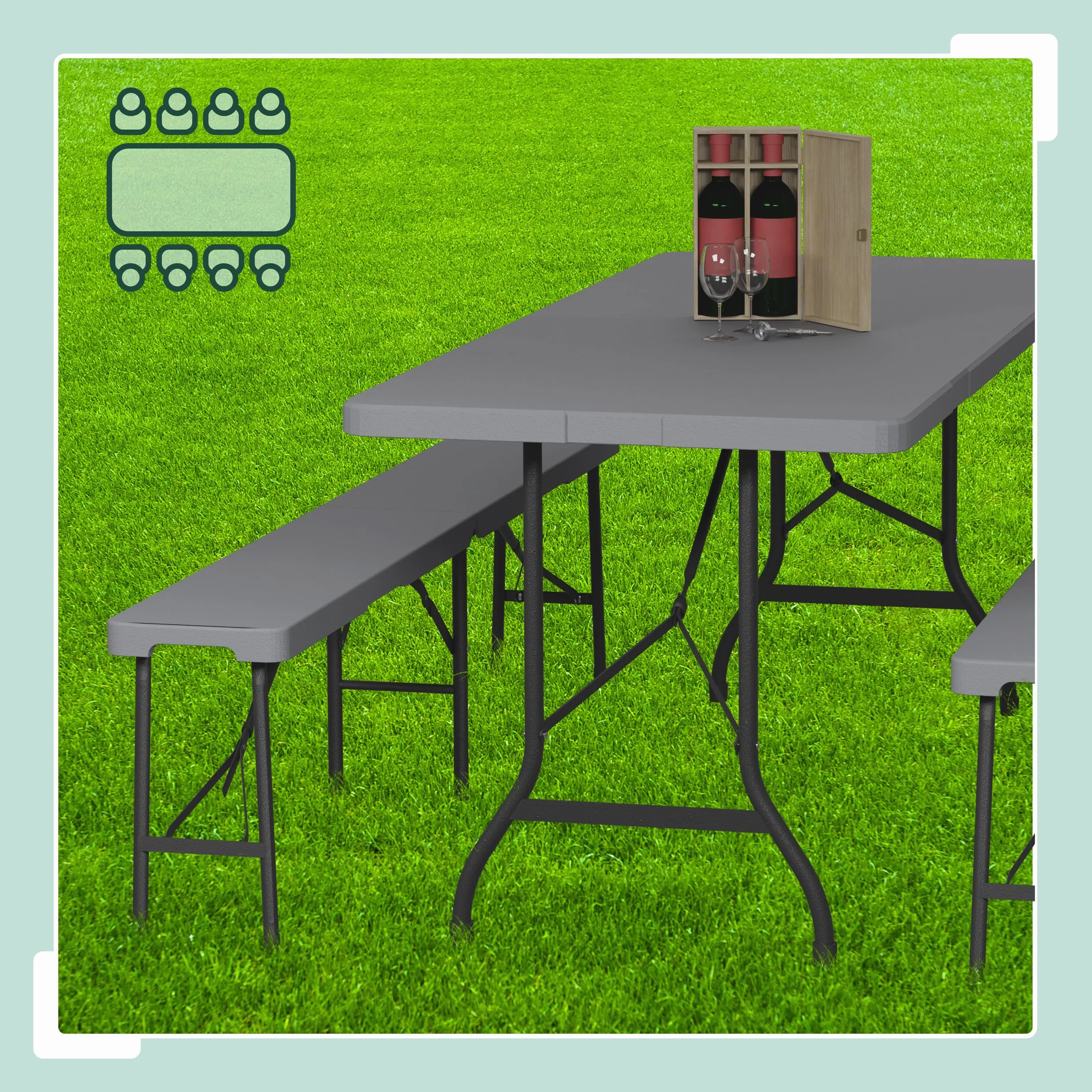 Relaxdays Ensemble Table Pliante et 2 bancs, pour Jardin, pavillon ou Camping, 180 cm, pour Les fêtes, Gris