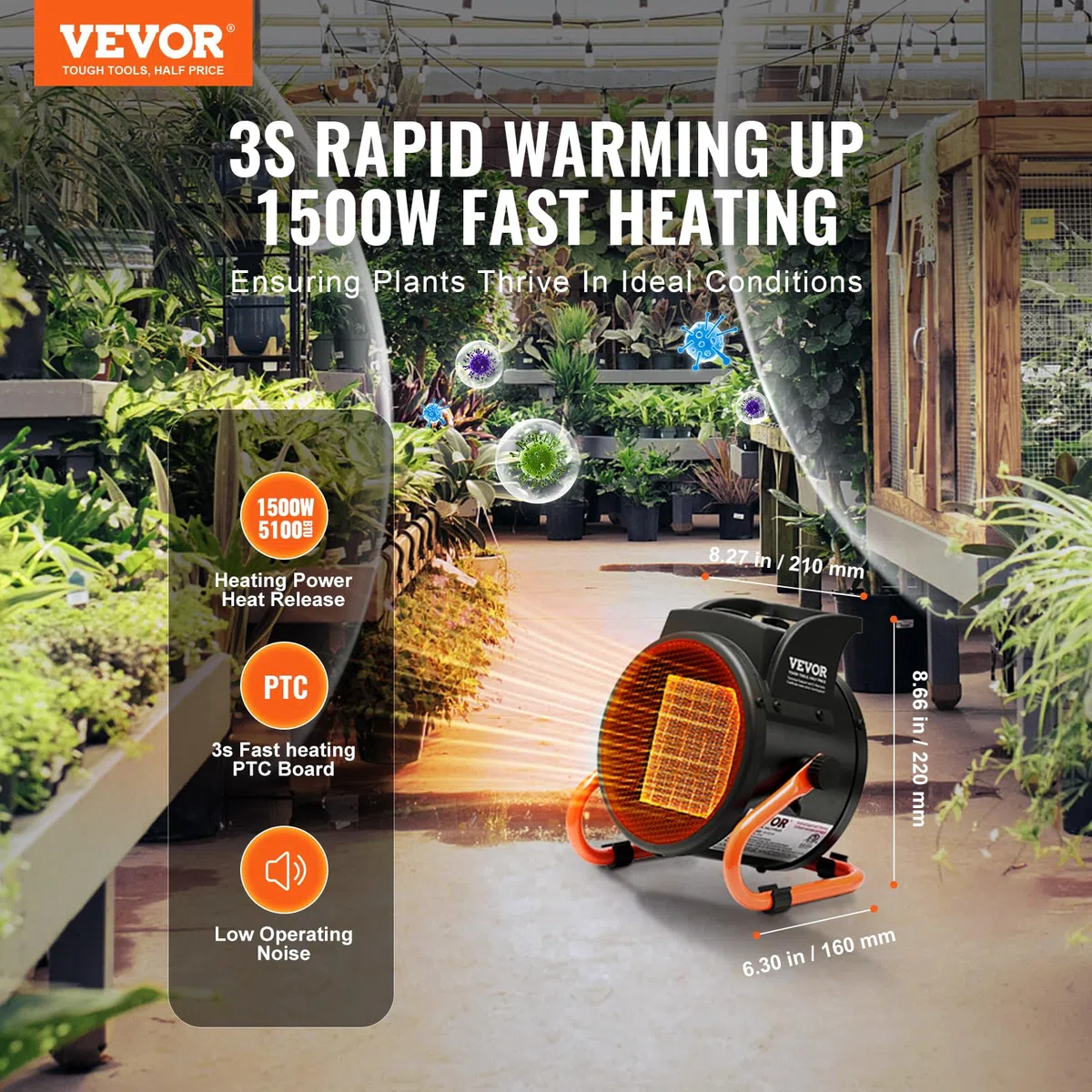 VEVOR Chauffage de serre PTC, 2000 W, chauffage de tente de culture électrique portable, à 3 vitesses, protection contre la surchauffe, chauffage rapide pour serre, salle de fleurs, lieu de travail