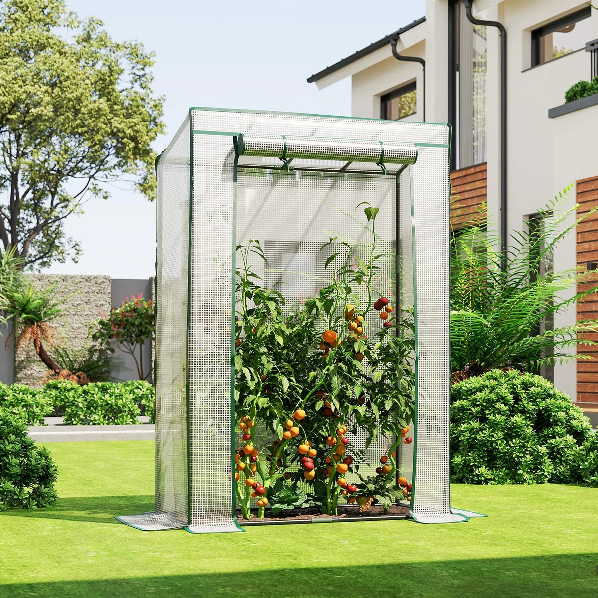 LARMNEE Serre de Jardin, Serre à Tomates, avec Barre de Renfort sur Le Toit Plat, Porte Enroulable, Abri Potager pour Plantes, Anti-Accumulation de Pluie, 100 x 50 x 150 cm, Blanc EWT15GH02G1