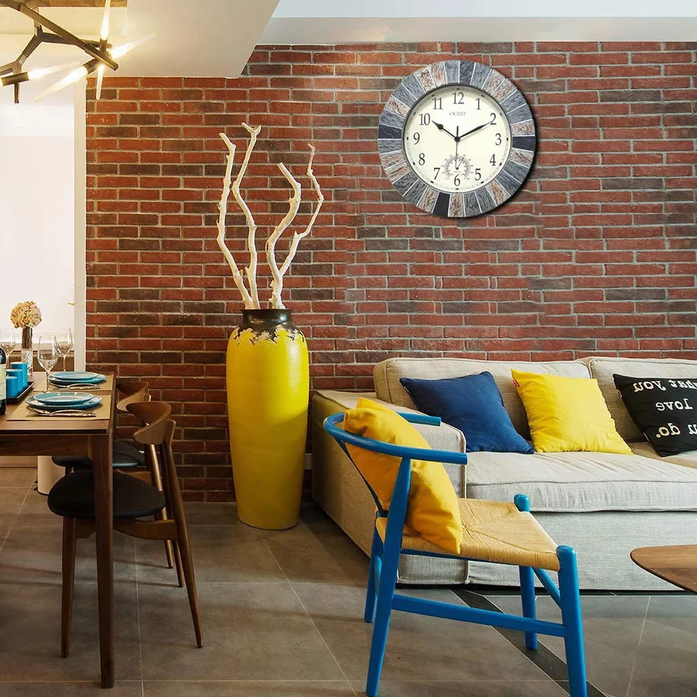 OCEST Horloges de jardin étanches de 33 cm, grande horloge murale rétro avec thermomètre, fonctionne à piles, horloges décoratives sans tic-tac, pour terrasse, piscine, cuisine