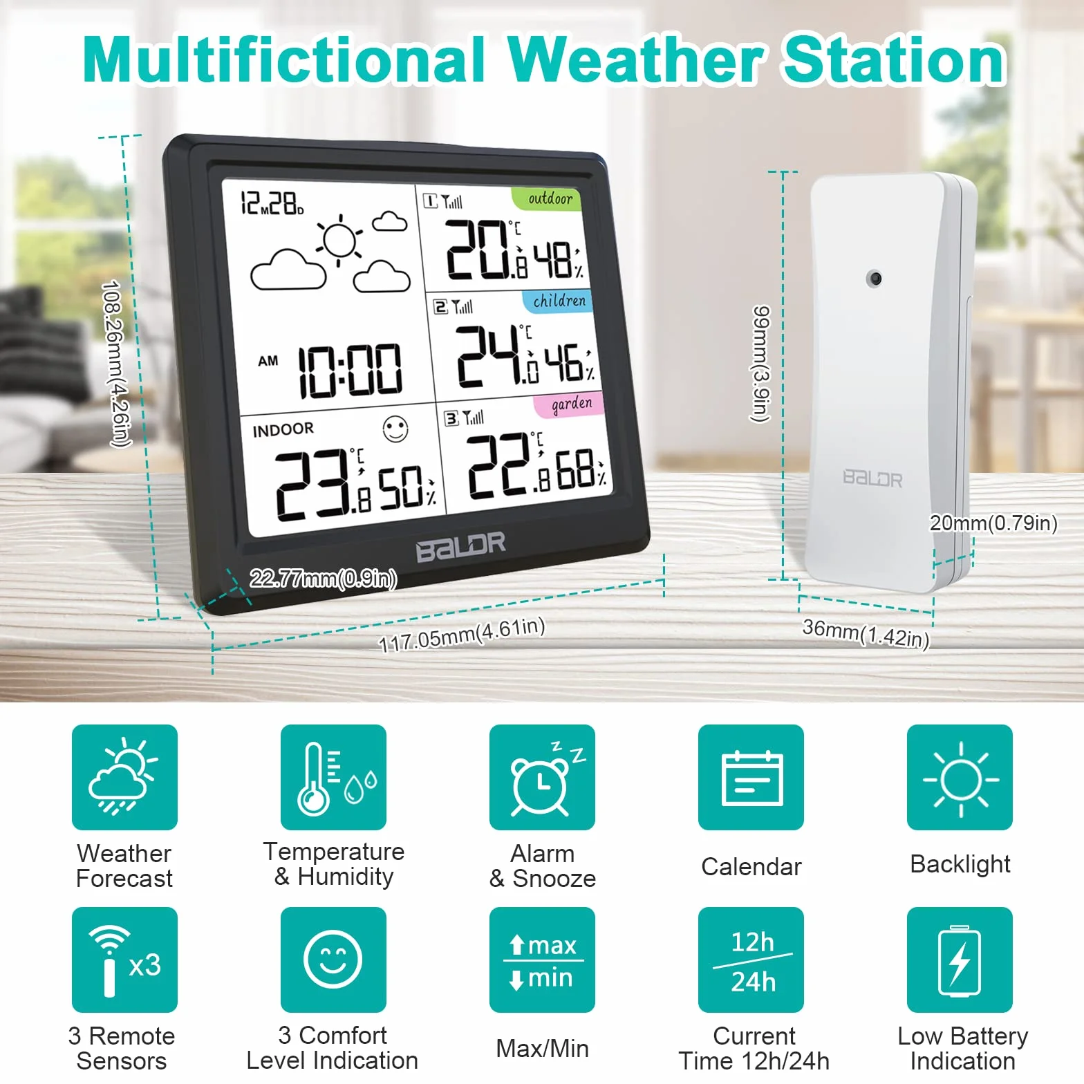 LEVIPE Station météo sans Fil, Thermomètre Hygromètre Baromètre Intérieure Extérieure avec 3 CapteursLED Ecran Rétro-éclairage Horloge Numérique Alarme et Snooze Affichage Heure Date Jour Noir