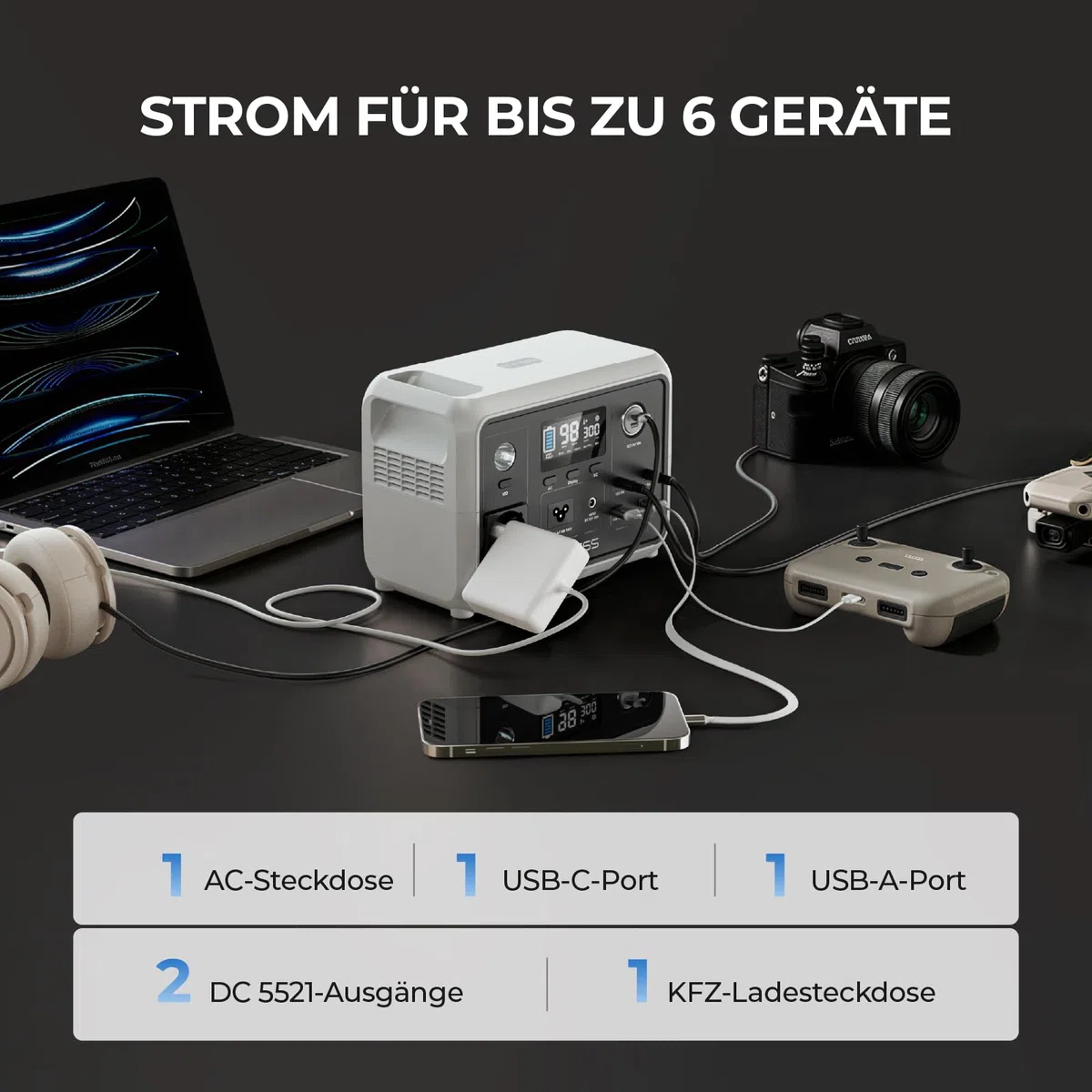 Dyness 300W Generateur Electrique Portable, Batterie LiFePO4 256Wh Générateur Solaire avec 6 Sorties et 4 Options de Charge, Alimentation de Secours pour Camping, Camping-car, Voyages