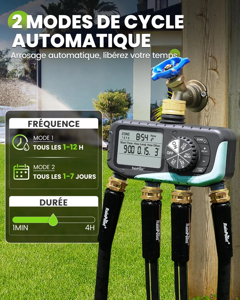 RAINPOINT Programmateur Arrosage 4 Voies, Entrée et Sortie en Laiton, Étanche IP65, Minuterie Arrosage Automatique avec Retard de Pluie/Irrigation Manuelle, pour Serre, Pelouse et Jardin