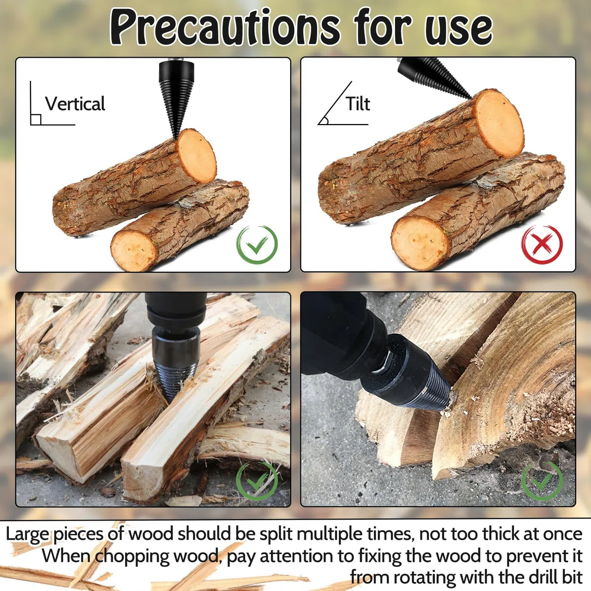 Foret Fendeur de Bois 42 mm + 32 mm, Tige Conique, 4 Poignées de Forage