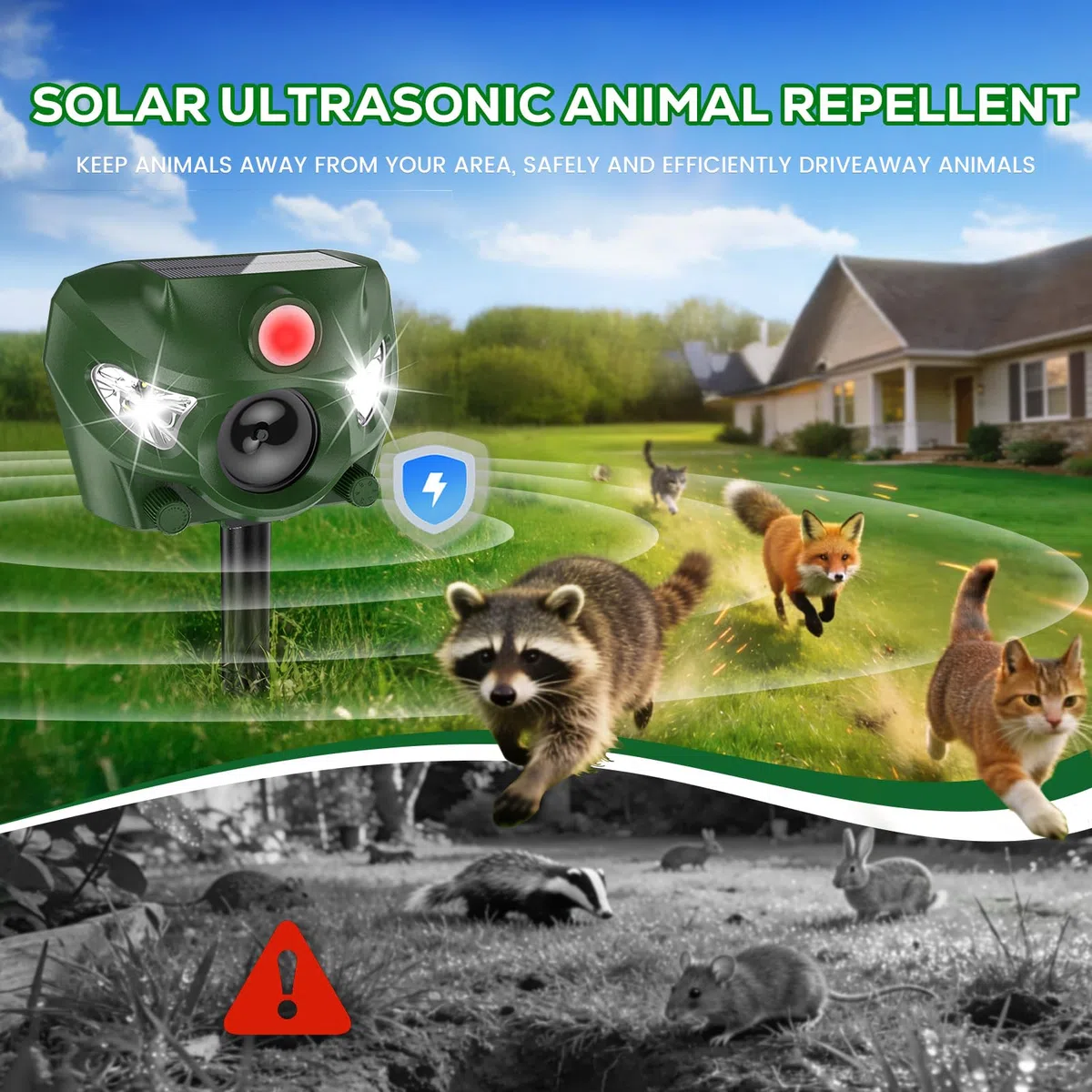 Ultrason Chat Exterieur, 5 Modes Répulsif Ultrason Chat pour Jardins, 26 Pieds Anti Pigeon avec Sirène et Flashs Lumineux, pour Chiens, Cerf, Renard, Oiseau, Lapin, Écureuil