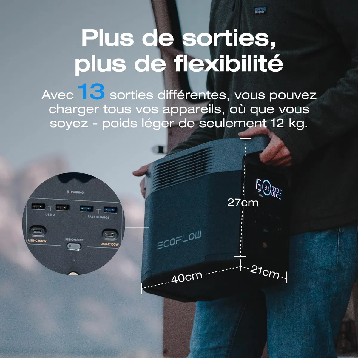 EcoFlow Delta 2 Station électrique Portable, Batterie LFP, Charge Rapide, générateur Solaire pour Alimentation de Secours Domestique, Balcon, Camping et Camping-Cars (Delta 2+Cable)