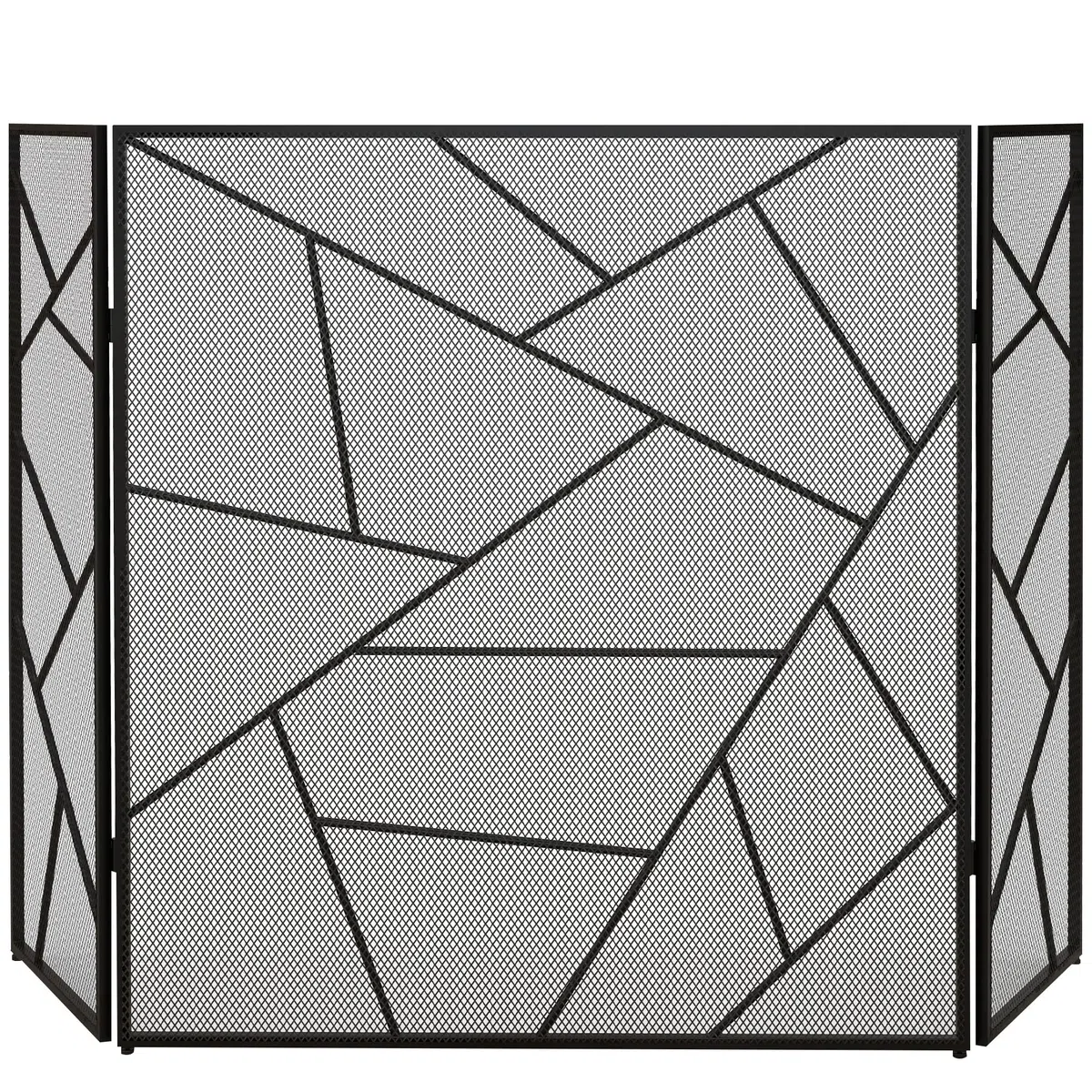 HOMCOM Pare feu cheminée Pliable 3 Panneaux, Pare-étincelles cheminée, Grille de Protection cheminée en Maille d'acier avec décor géométrique et Pieds antidérapants, 135l x 1,2P x 85H cm, Noir