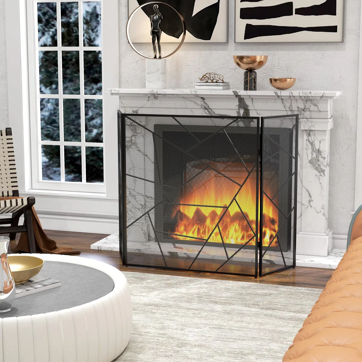 HOMCOM Pare feu cheminée Pliable 3 Panneaux, Pare-étincelles cheminée, Grille de Protection cheminée en Maille d'acier avec décor géométrique et Pieds antidérapants, 135l x 1,2P x 85H cm, Noir