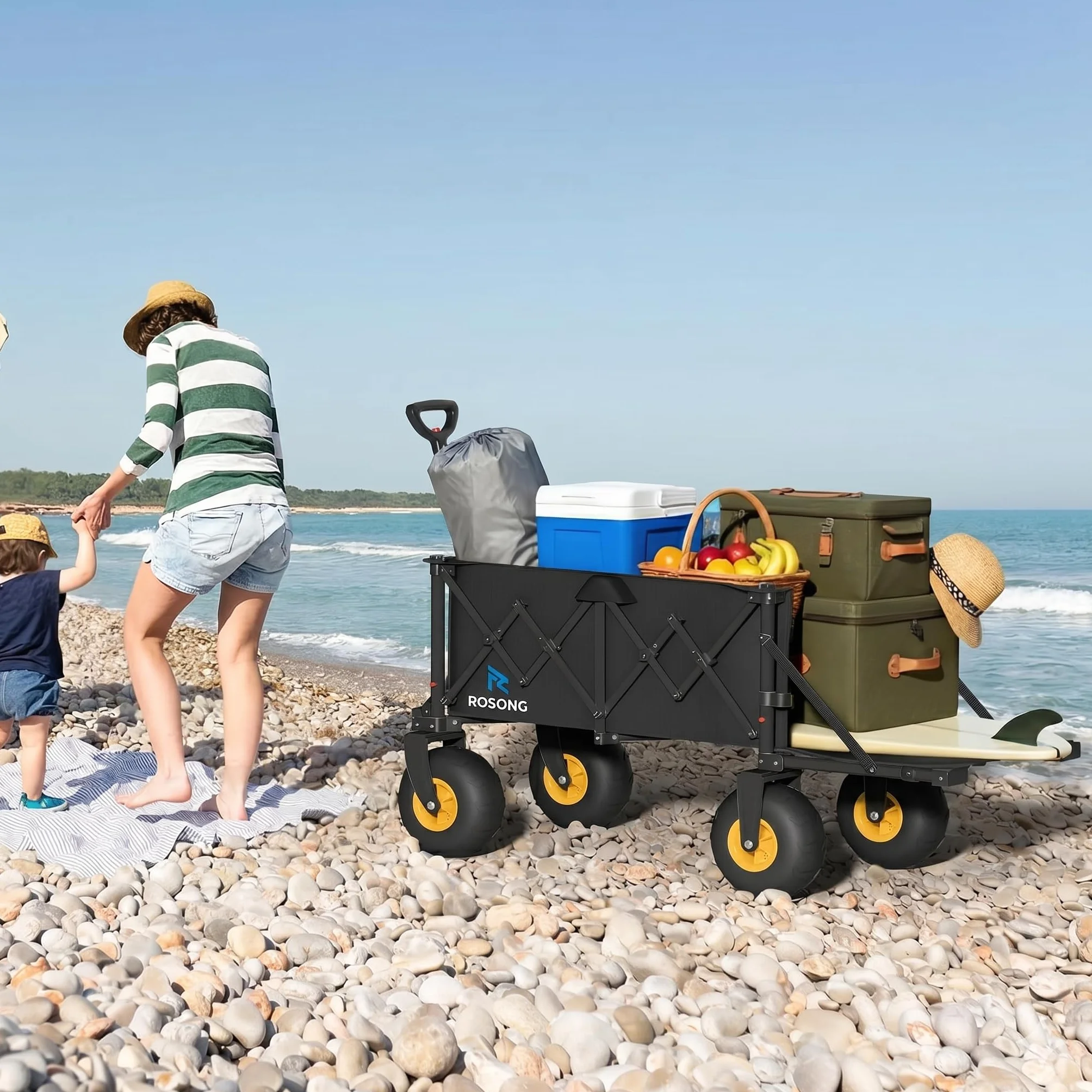 ROSONG Chariot de Plage Pliable avec Grosses Roues Chariot de Transport Tout-Terrain avec Hayon pour Objets Longs Remorque Jardin et Plage Camping Jardin, Noir