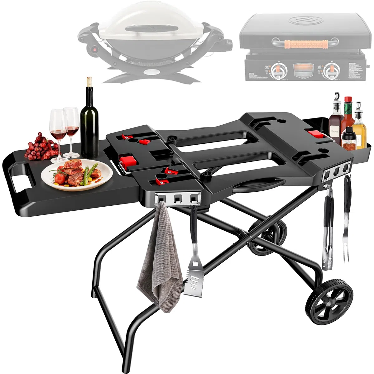 Chariot de barbecue portable pour Weber Q1200, Q1000, Q2200, Q2000 Series, pour plaques de cuisson Blackstone de 43,2 cm et 55,9 cm, chariot pliant, étagère sur support pour plancha d'extérieur, noir