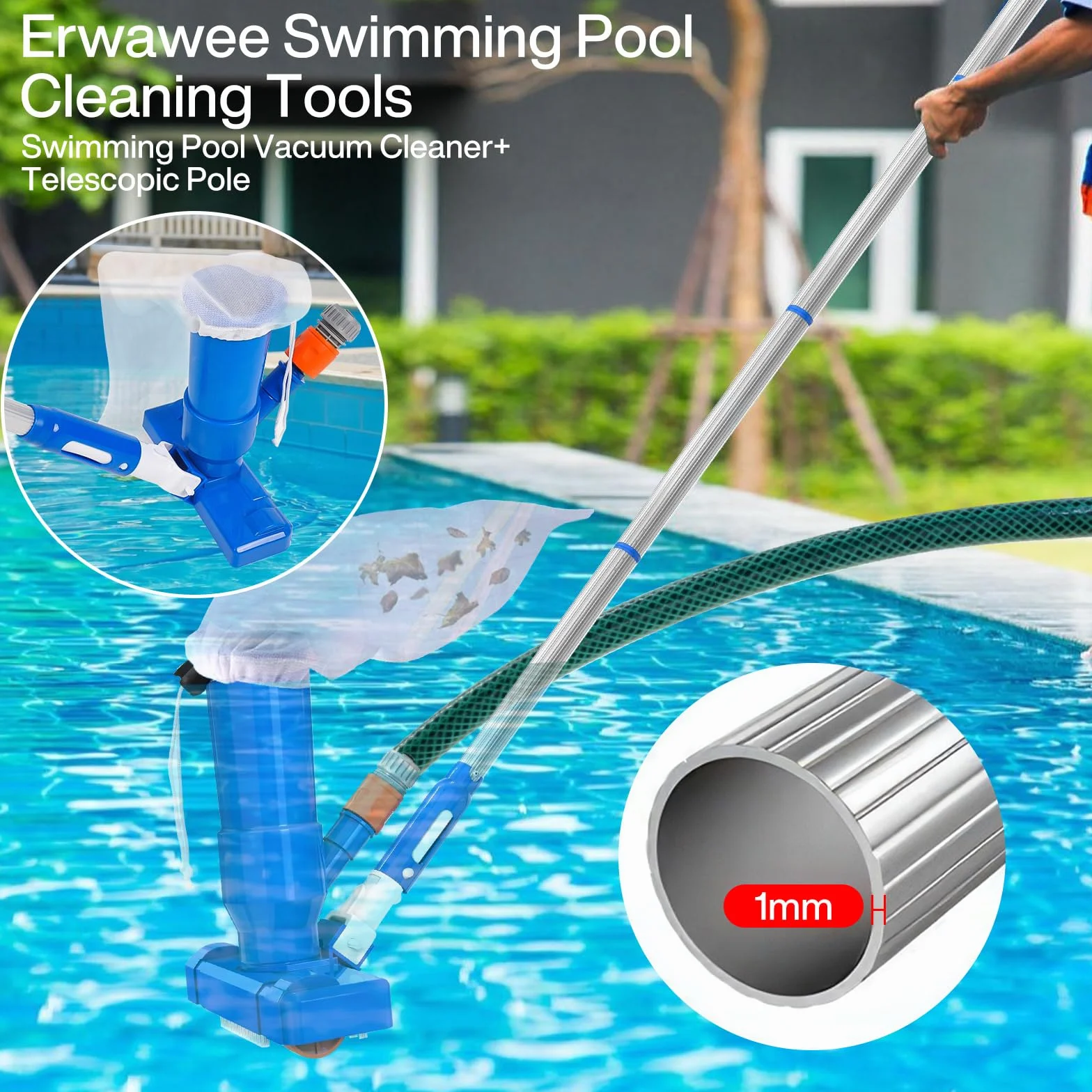 Aspirateur Piscine Portable avec Épuisette 168CM Nettoyeur à Jet 4 Tiges Amovible