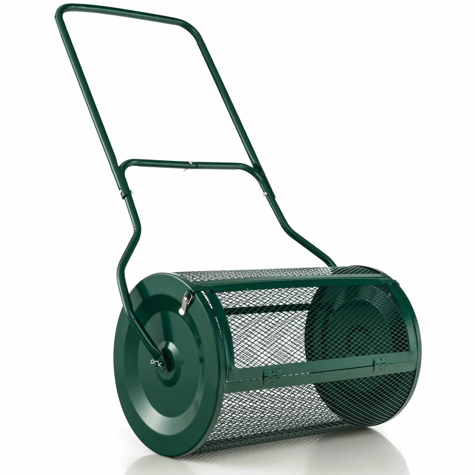 COSTWAY Épandeur à Compost de 60,5 cm Rouleau en Treillis Métallique, Épandeur de Gazon 75 L avec Poignée en Forme de ‘U’ Loquets Latéraux, pour Entretien du Jardin et Pelouse, Vert