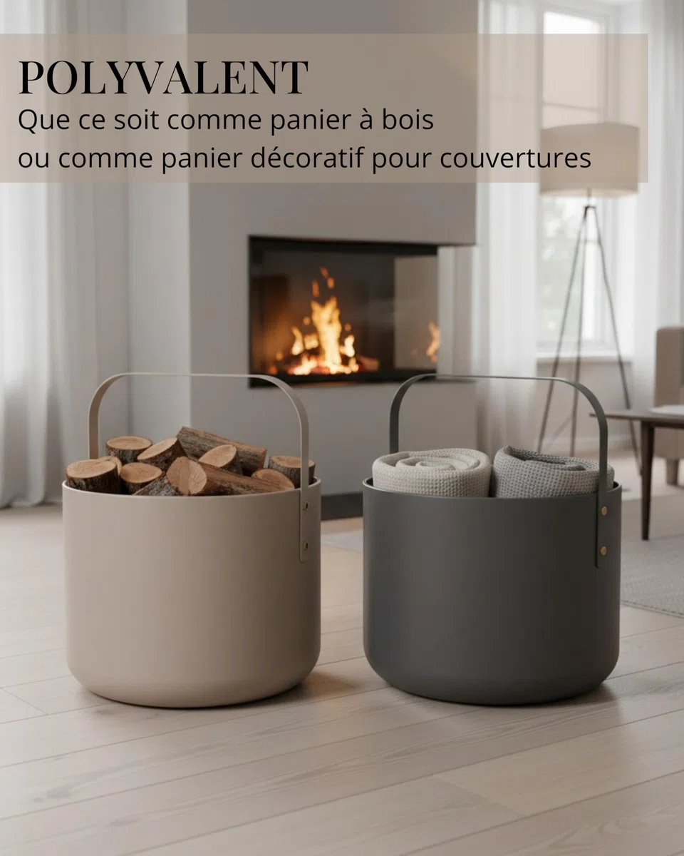 LIVLIG Panier à bûches métal design 36 x 44 cm beige mat - Accessoire cheminée rangement