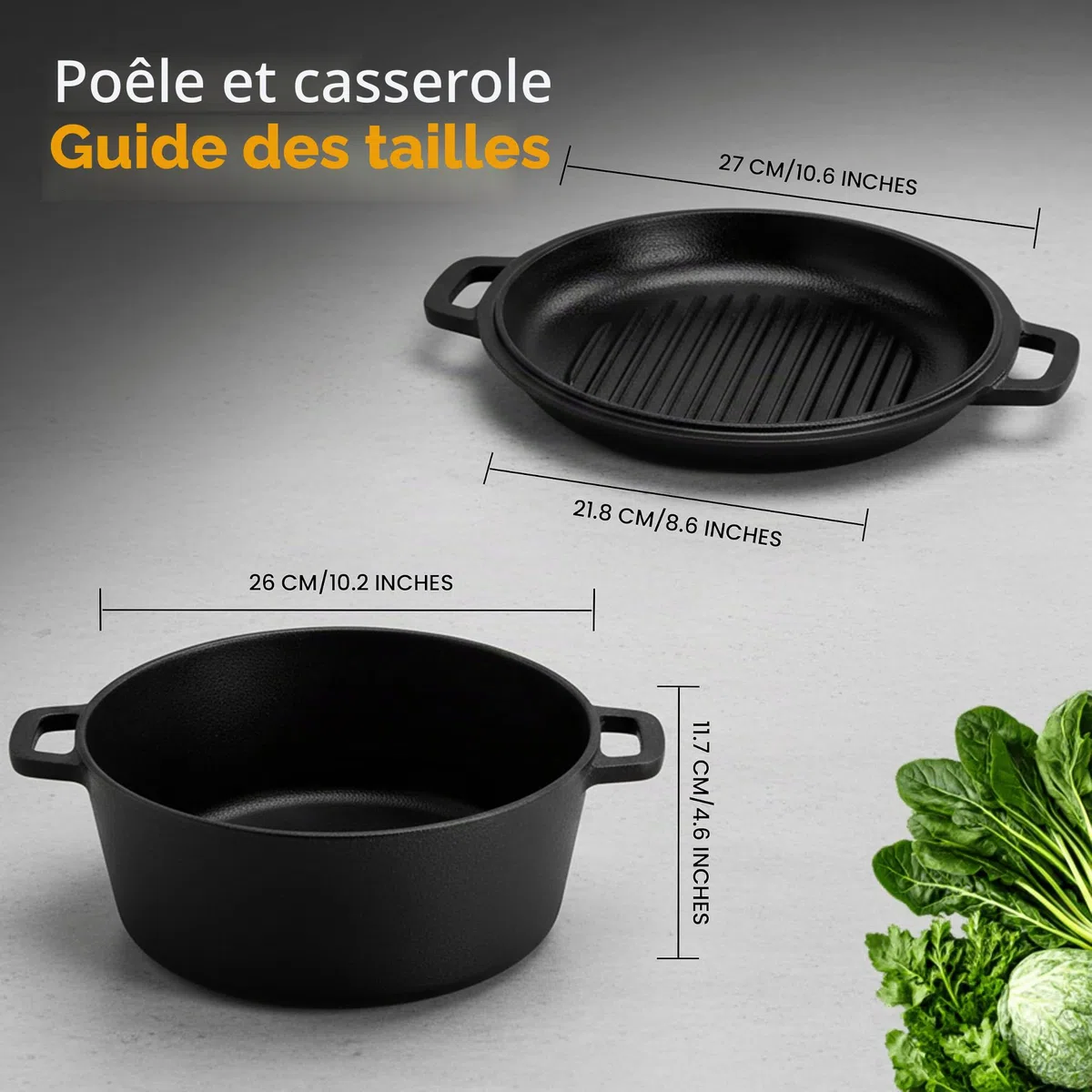 KICHLY 2 en 1 Four Hollandais en Fonte Pré-Assaisonné avec Couvercle - Poêle à Griller Double Usage Cuisson Intérieur et Extérieur