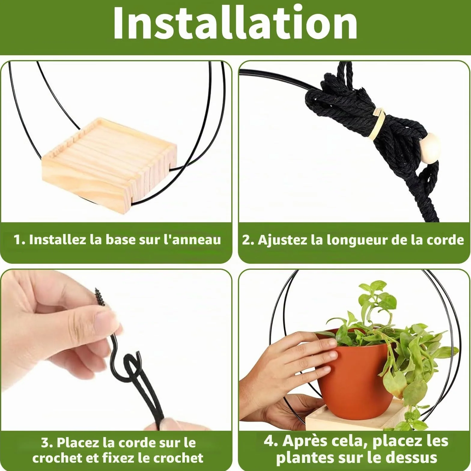 Suspension Plante Intérieure Macramé, Pot Suspendu avec Anneau Métal et Base Bois, Crochet Inclus