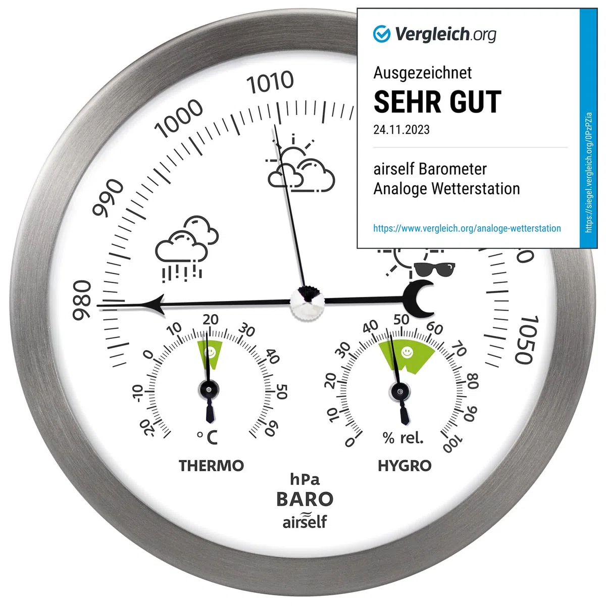 airself Station météo analogique en acier inoxydable - avec baromètre/thermomètre/hygromètre - pour intérieur/extérieur