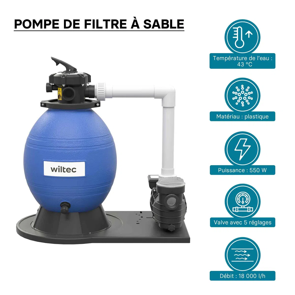 WilTec Filtre à Sable et Particules – 550 W – capacité 38 l / 30 kg – 18 000 l/h – avec Vanne 5 Positions et Pompe de filtrage Auto-amorçante – Cuve de Filtration pour Piscine Hors-Sol Swimmingpool