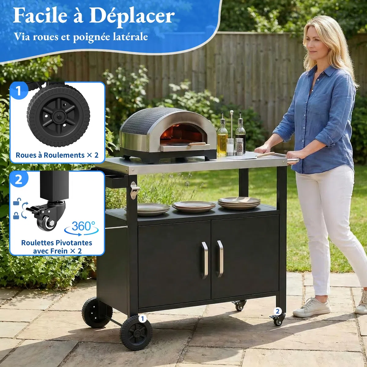 TLSUNNY Chariot de Barbecue en Acier Inoxydable, Desserte Extérieure Plancha 3 Niveaux avec Porte d'Armoire, Table de barbecue avec 4 Roulettes, pour Jardin Terrasse Balcon Camping, 112 x 51 x 82,5 cm