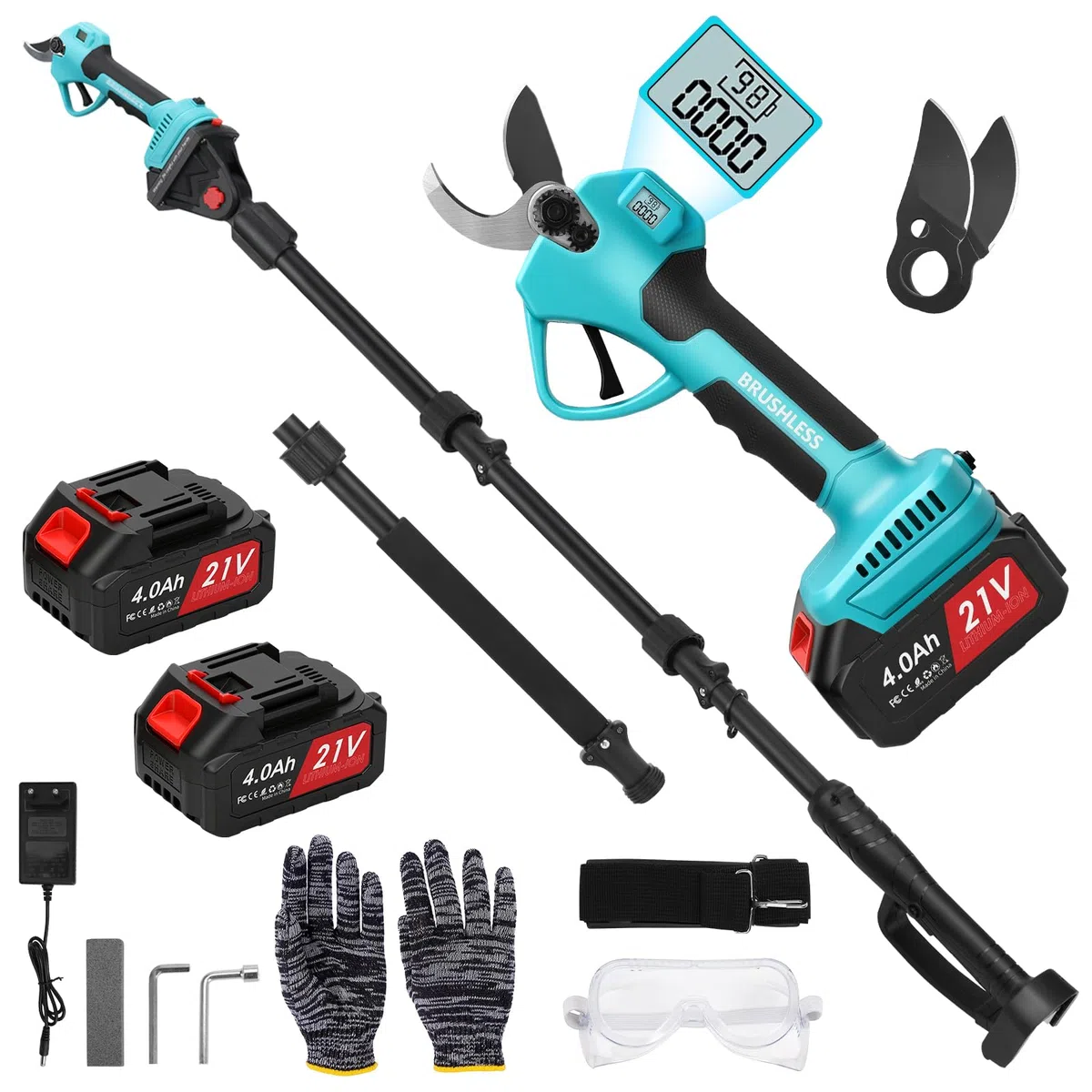 panthem Sécateur de jardin télescopique à batterie 2 en 1, compatible avec Makita 18 V, charge maximale jusqu'à 4,1 m, ouverture de coupe 43 mm, moteur sans balais avec 2 batteries de 4000 mAh