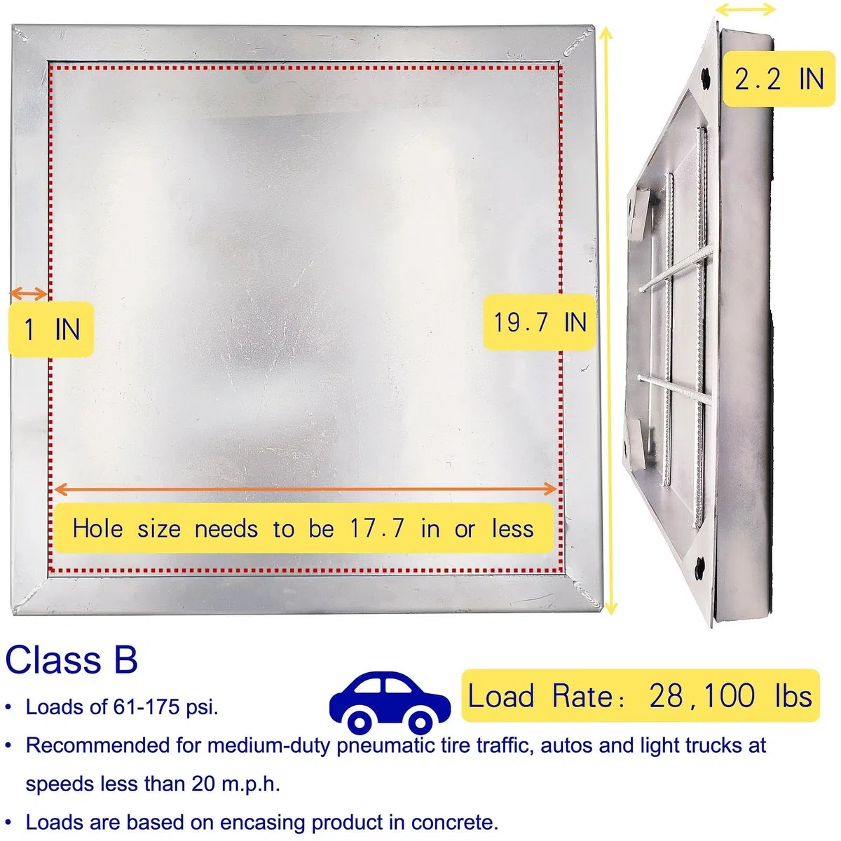 Regard à Carreler en Acier Inoxydable 440x440 mm Ouverture Libre, Classe B125 Tampon de Regard Invisible avec Cadre, Couvercle de Fosse Septique Encastrable pour Allée, Total 500x500x50 mm