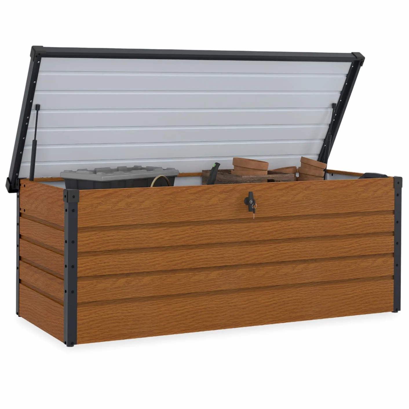 IDMarket - Coffre de rangement métal verrouillable effet bois et gris pour jardin 600L 165x70x63 cm